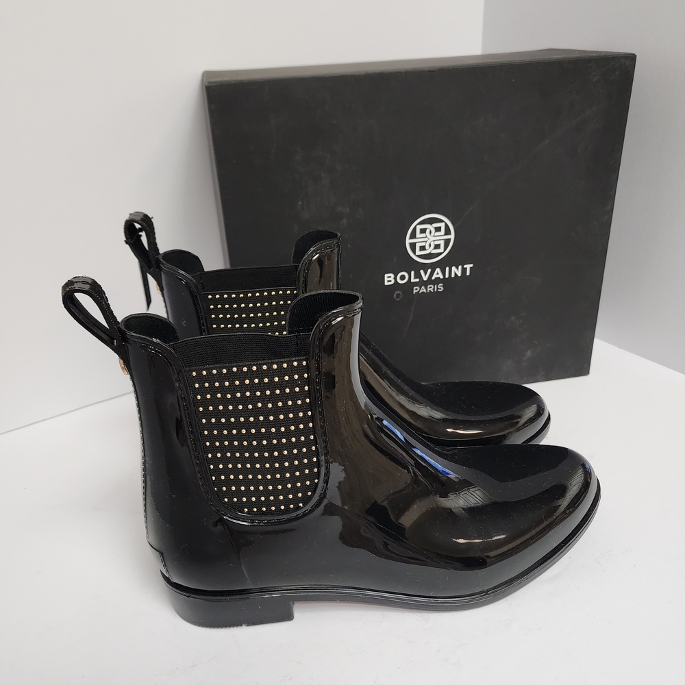 Bolvaint Black Patent Chelsea Rain Boots Womens Size 39